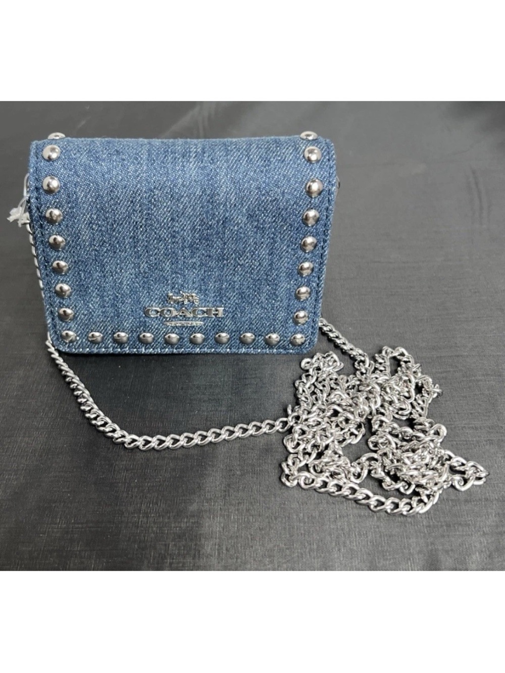 Coach Denim Studded Crossbody in Blue with Silver Hardware